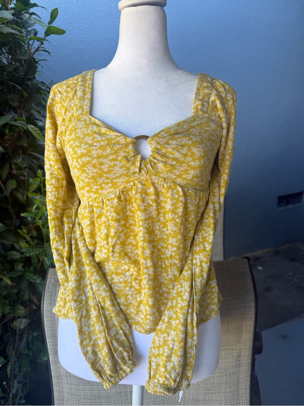 American Eagle Yellow Floral Long-Sleeve Cutout Top